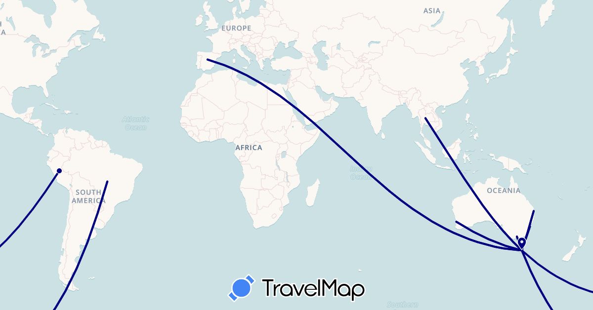TravelMap itinerary: driving in Australia, Brazil, Spain, Peru, Thailand (Asia, Europe, Oceania, South America)